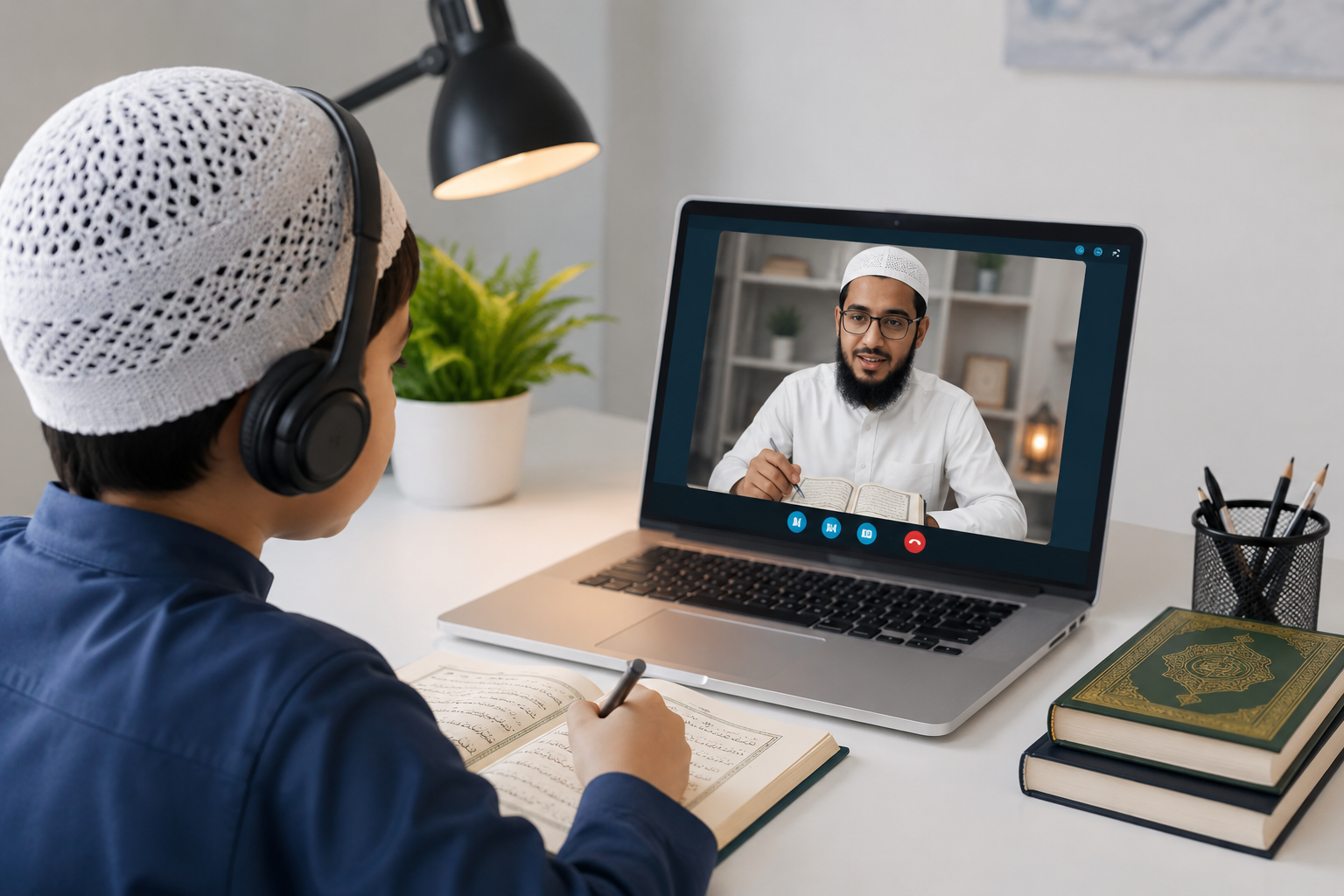 Child attending online Quran class with certified teacher